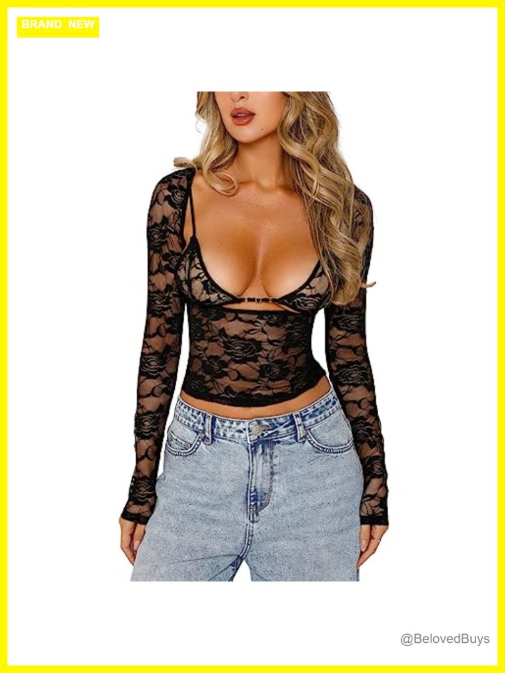 Sheer Lace Mesh Long Sleeve Crop Top Backless Floral
